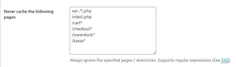 "Never cache the following pages" bei W3 Total Cache